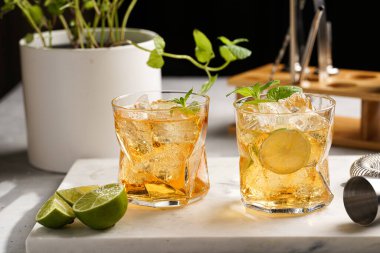 İçinde buz küpleri, limon ve ferahlatıcı portakal suyu olan bir bardak mermer tahtada nane, karıştırıcı ve barmen teçhizatı