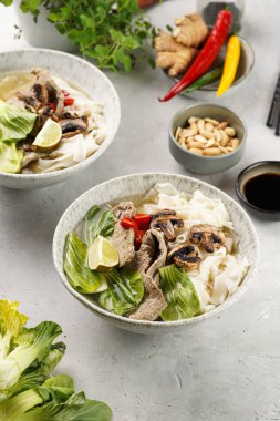 Pho Bo Vietnam çorbası sığır eti, pirinç eriştesi, Çin mantısı ve mantarlar gri bir kasede, fıstık, soya sosu, kırmızı biber