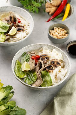 Pho Bo Vietnam çorbası sığır eti, pirinç eriştesi, Çin mantısı ve mantarlar gri bir kasede, fıstık, soya sosu, kırmızı biber