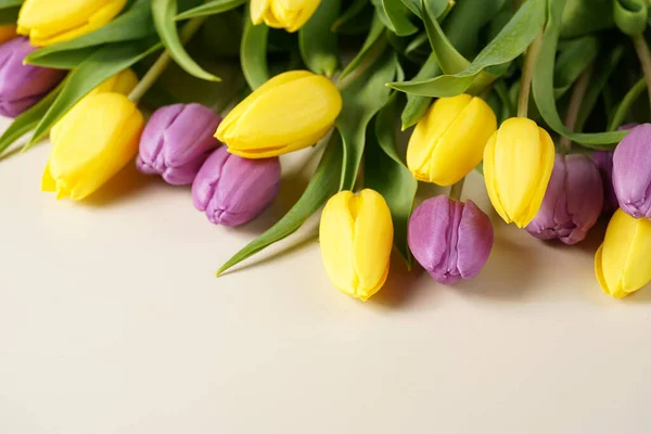 Ein Bündel Gelber Und Lila Tulpen Auf Beigefarbenem Hintergrund Platz — Stockfoto