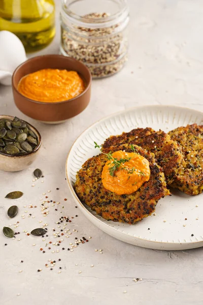 Paprika humusuyla kaplı bir tabakta havuç ve kinoa krepleri, ayçiçeği çekirdekleri. Sağlıklı vejetaryen yiyecekler - bitki temelli diyet kavramı.