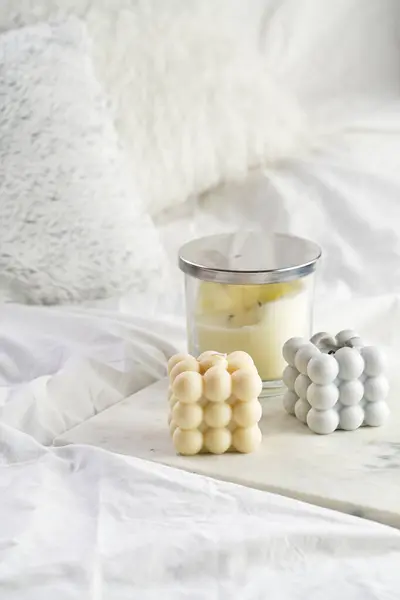 Three Candles Bubble Candles White Candle Glass Jar Silver Lid — Stock Fotó