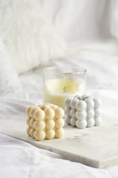 Three Candles Bubble Candles White Candle Glass Jar Silver Lid — Stock Fotó