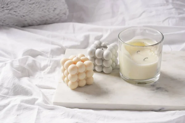 Three Candles Bubble Candles White Candle Glass Jar Silver Lid — Photo