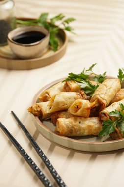 Geleneksel Güneydoğu Asya başlangıç yemeği bahar ya da yaz börekleri - soya soslu bol kızarmış Dim Sum köftesi, gri tabakta siyah pirzola çubuklarıyla taze kişniş.