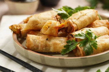 Geleneksel Güneydoğu Asya başlangıç yemeği bahar ya da yaz börekleri - soya soslu bol kızarmış Dim Sum köftesi, gri tabakta siyah pirzola çubuklarıyla taze kişniş.