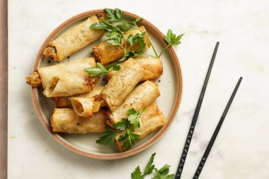 Geleneksel Güneydoğu Asya başlangıç tabağı bahar veya yaz börekleri - soya soslu bol kızarmış Dim Sum köftesi, siyah pirzola çubuklarıyla gri tabakta taze kişniş, üst manzara