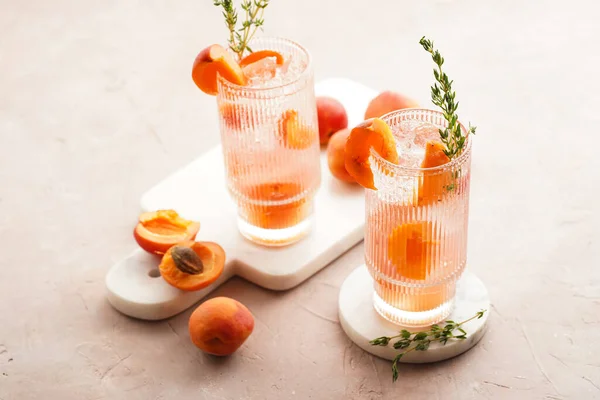 Two Glasses Refreshing Summer Cocktail Ice Cubes Apricot Slices Fresh — 스톡 사진