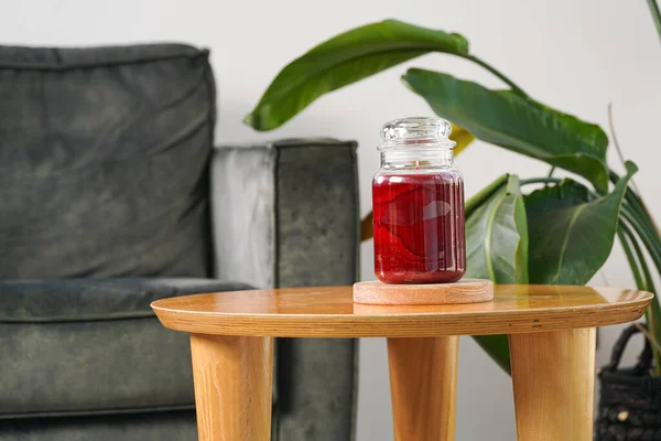 Mock Interior Blank Crimson Pillar Candle Glass Jar Label Wooden — ストック写真