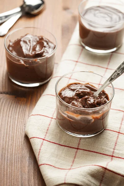 Creamy French Chocolate Ganache Pudding Glass Linen Napkin Wooden Background — 图库照片