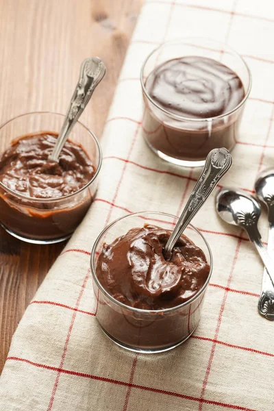 Creamy French Chocolate Ganache Pudding Glass Linen Napkin Wooden Background Stock Picture