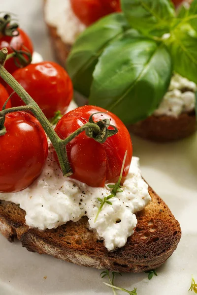 Sandwich Roasted Cherry Tomatoes Branch Fresh Cottage Cheese Green Basil — Stock Photo, Image