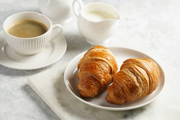 Two French Soft Croissants White Plate Marble Tray Cup Black — Φωτογραφία Αρχείου