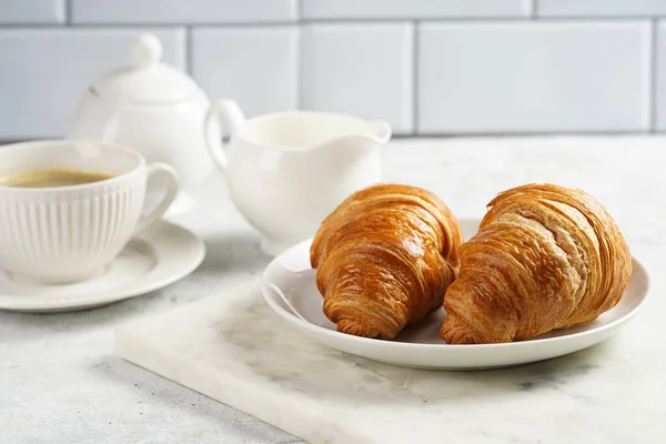 Two French Soft Croissants White Plate Marble Tray Cup Black — Φωτογραφία Αρχείου