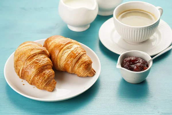 Two French Soft Croissants White Plate Blue Wooden Table Cup — Φωτογραφία Αρχείου