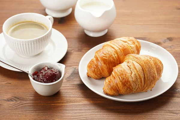 Two French Soft Croissants White Plate Wooden Table Cup Black — Φωτογραφία Αρχείου