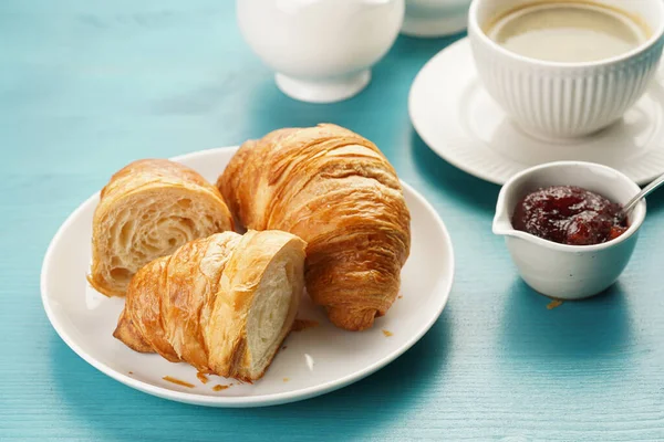 Two French Soft Croissants White Plate Blue Wooden Table Cup — Φωτογραφία Αρχείου