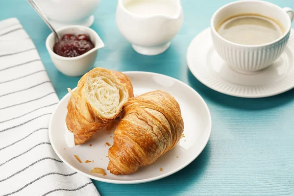 Two French Soft Croissants White Plate Blue Wooden Table Cup — 스톡 사진