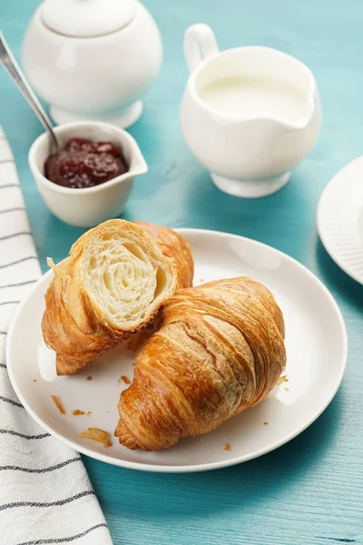 Two French Soft Croissants White Plate Blue Wooden Table Cup — 스톡 사진