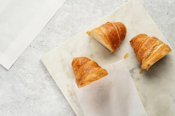 Two French Soft Croissants White Breakfast Paper Bags Take Away — Φωτογραφία Αρχείου