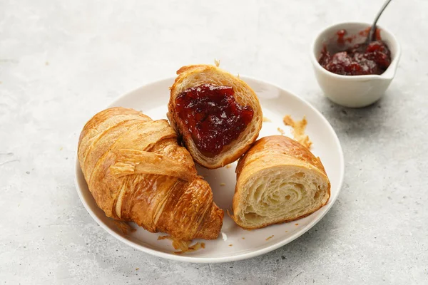 Two French Soft Croissants Jam White Plate Marble Tray Cup — 스톡 사진