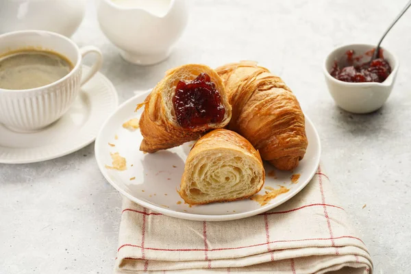 Two French Soft Croissants Jam White Plate Checkered Napkin Cup — Φωτογραφία Αρχείου