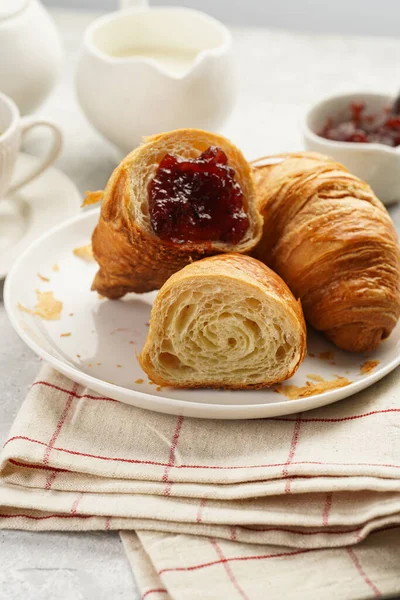 Two French Soft Croissants Jam White Plate Checkered Napkin Cup — Φωτογραφία Αρχείου