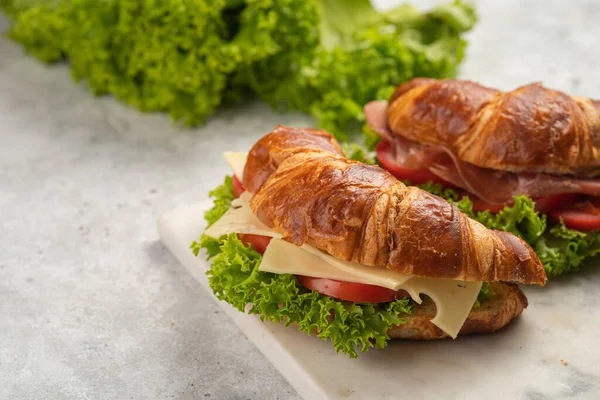 Two Lye Croissant Sandwiches Iberian Ham Tomato Slices Lettuce Cheese — Photo