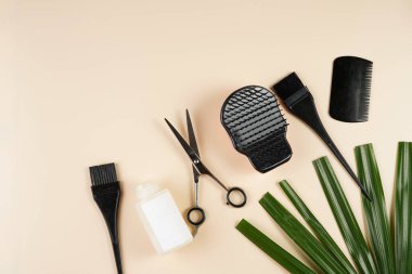Hair brushes and combs, scissors, cosmetics for hair dying: tools for hairdresser on beige colored background arranged as a side frame, a template, space for text