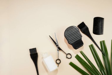 Hair brushes and combs, scissors, cosmetics for hair dying: tools for hairdresser on beige colored background arranged as a side frame, a template, space for text