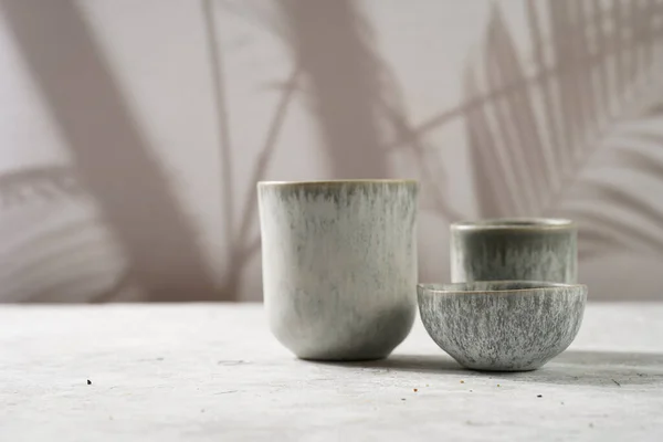 Empty Grey Ceramic Espresso Coffee Mugs Dip Bowl Grey Background — 图库照片