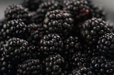 a heap of fresh ripe blackberries in a black plate
