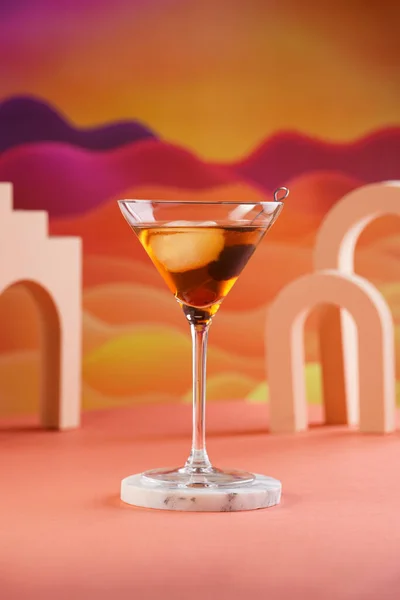 One Martini Glass Ice Cube Brown Alcoholic Drink Black Berry — Fotografia de Stock