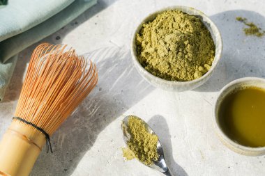 Adım adım matcha latte: buzlu uzun boba çayı bardağı, yeşil çay, süt