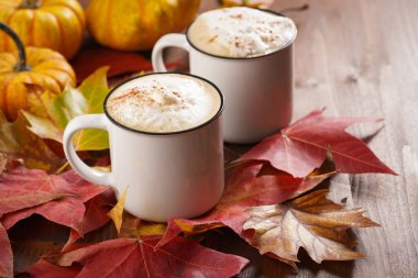 Kırmızı, sarı ve turuncu yapraklı, ahşap zemin üzerinde hokkaido balkabaklı, sade kahve ve beyaz süt köpüklü ve tarçın baharatlı bir sonbahar ortamı.