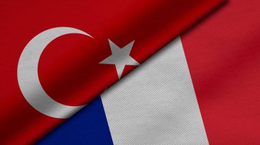 Türkiye Cumhuriyeti ve Fransa Cumhuriyeti 'nden gelen iki bayrağın kumaş dokusu, ikili ilişkiler, ülkeler arasındaki barış ve ihtilaf ile birlikte üç boyutlu yorumlanması, arka plan açısından harika