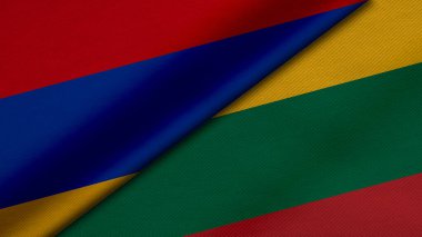 Üç boyutlu Ermenistan Cumhuriyeti ve Litvanya Cumhuriyeti bayraklarının kumaş dokusu, ikili ilişkiler, ülkeler arası barış ve ihtilaf ile birleştirilmesi, arka plan için harika