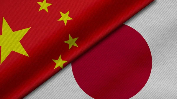 Çin ve Japonya 'dan gelen iki bayrağın kumaş dokusu, ikili ilişkiler, ülkeler arasındaki barış ve ihtilaf ile birlikte 3D olarak yorumlanması, arka plan için harika