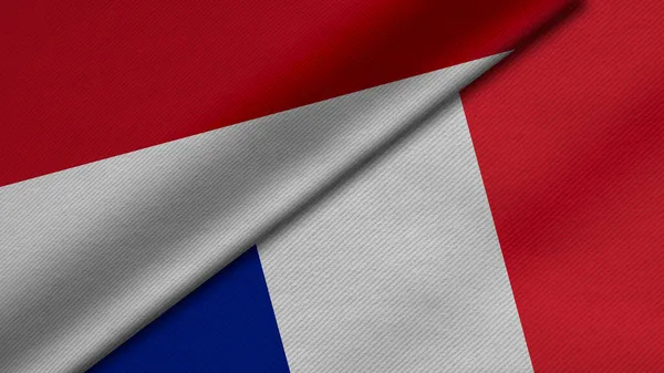 Vykreslování Dvou Vlajek Indonéské Republiky Francouzské Republiky Spolu Texturou Tkaniny — Stock fotografie