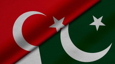 Türkiye Cumhuriyeti ve Pakistan 'ın üç boyutlu bayraklarının kumaş dokusu, ikili ilişkiler, ülkeler arası barış ve ihtilaf ile birleştirilmesi, arka plan için harika