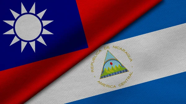 Рендеринг Двух Флагов Тайваня Республики Никарагуа Вместе Текстурой Ткани Двусторонними — стоковое фото
