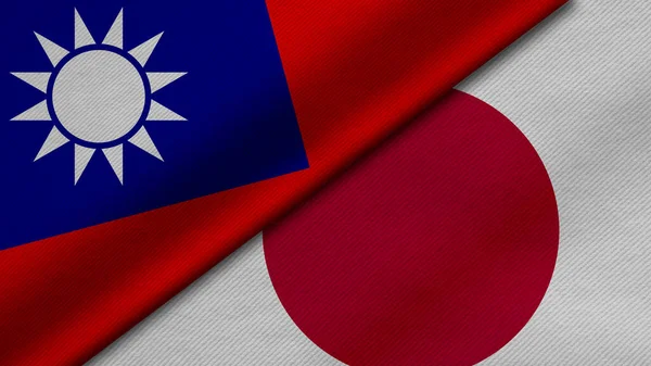 Tayvan ve Japonya 'dan gelen iki bayrağın kumaş dokusu, ikili ilişkiler, ülkeler arasındaki barış ve ihtilaf ile birleştirilmesi, arka plan için harika