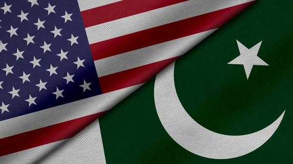 3D rendering of two flags of Republic of pakistan and United States of America together with fabric texture, bilateral relations, peace and conflict between countries, great for background