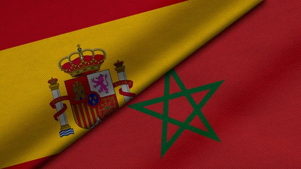 西班牙王国和摩洛哥王国两面国旗的3D绘制 加上面料 双边关系 和平与国家间冲突 对背景很有帮助 — 图库照片
