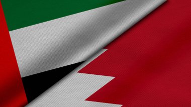 Birleşik Arap Emirliği ve Bahreyn Krallığı 'ndan gelen iki bayrağın kumaş dokusu, ikili ilişkiler, ülkeler arasındaki barış ve ihtilaf ile birlikte üç boyutlu yorumlanması, arka plan için harika