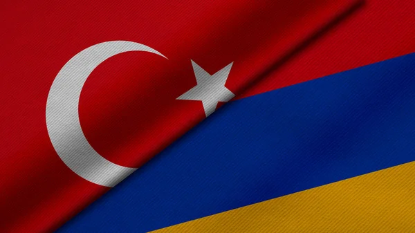 Türkiye Cumhuriyeti ve Ermenistan Cumhuriyeti 'nin iki bayrağının kumaş dokusu, ikili ilişkiler, ülkeler arasındaki barış ve ihtilafla birlikte 3D olarak yorumlanması, arka plan açısından harika