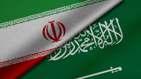 İran İslam Cumhuriyeti ve Suudi Arabistan 'ın iki bayrağının kumaş dokusu, ikili ilişkiler, ülkeler arasındaki barış ve ihtilafla birlikte 3D olarak yorumlanması, arka plan için harika bir şey.