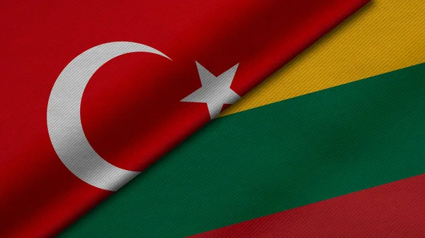 土耳其共和国和立陶宛共和国两面国旗的三维绘制 连同面料 双边关系 和平与国家间冲突 对背景很有帮助 — 图库照片