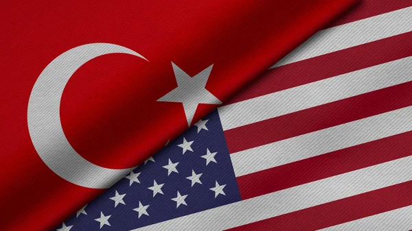 Türkiye Cumhuriyeti ve Amerika Birleşik Devletleri 'nin iki bayraklarının kumaş dokusu, ikili ilişkiler, barış ve ülkeler arasındaki çatışmanın 3 boyutlu şekilde yorumlanması, arka plan açısından harika