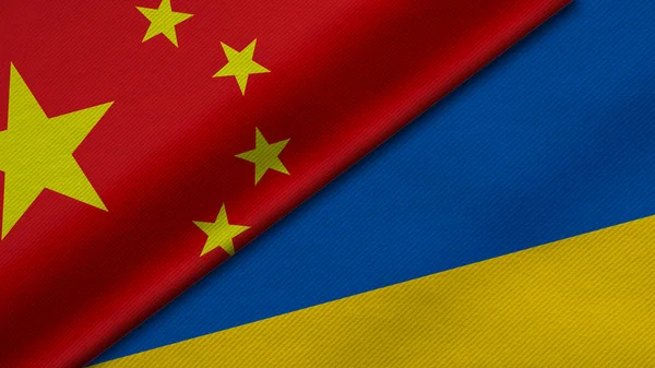 3D Rendering of two flags from China and ukraine together with fabric texture, bilateral relations, peace and conflict between countries, great for background